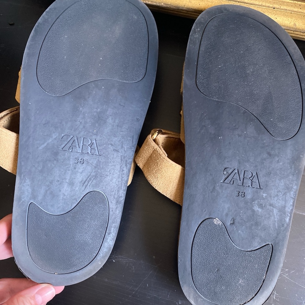 Zara Tan Suede Slide Sandals with Gold Studs - Picture 3 of 4